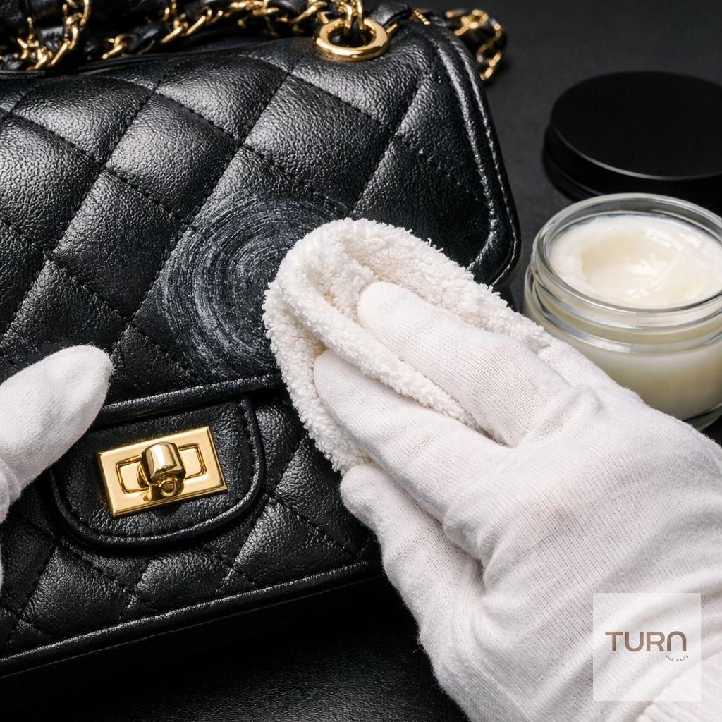 Sac en cuir de luxe rangé dans une housse de protection en coton