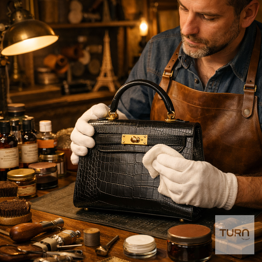 Entretien professionnel d'un sac en cuir avec un chiffon doux dans un atelier parisien