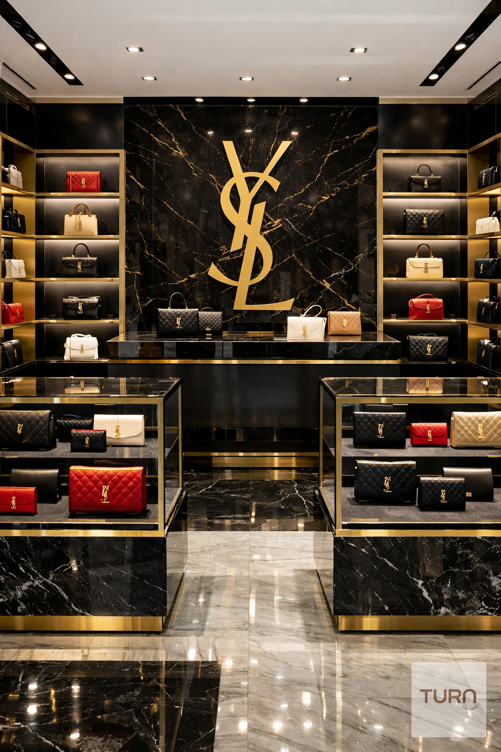 Boutique Saint Laurent YSL avec sacs de luxe en présentation montrant la qualité du cuir et des finitions