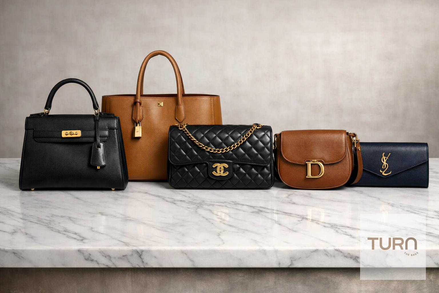 Collection de sacs de luxe alignés représentant différents investissements mode, représentant différents investissements mode