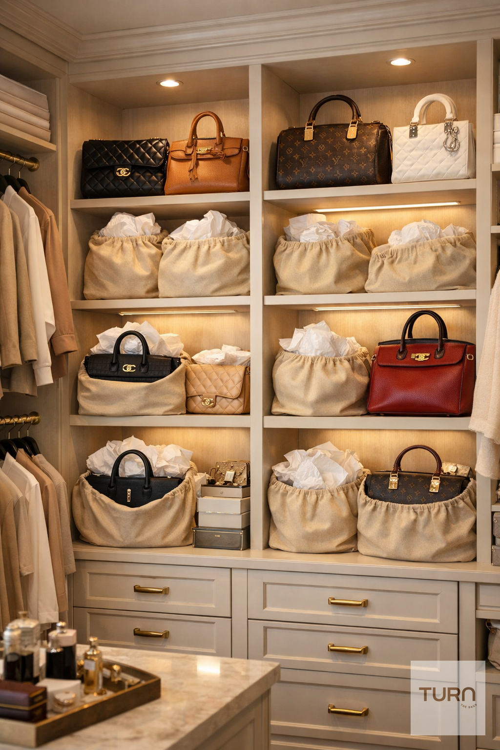 Sac de luxe en cuir correctement rangé dans une housse en coton dans un dressing