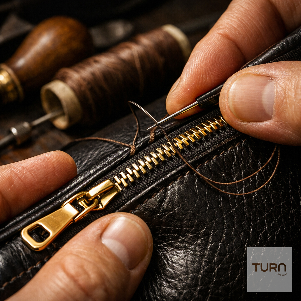 Artisan maroquinier remplaçant la fermeture éclair d'un sac de luxe à Paris