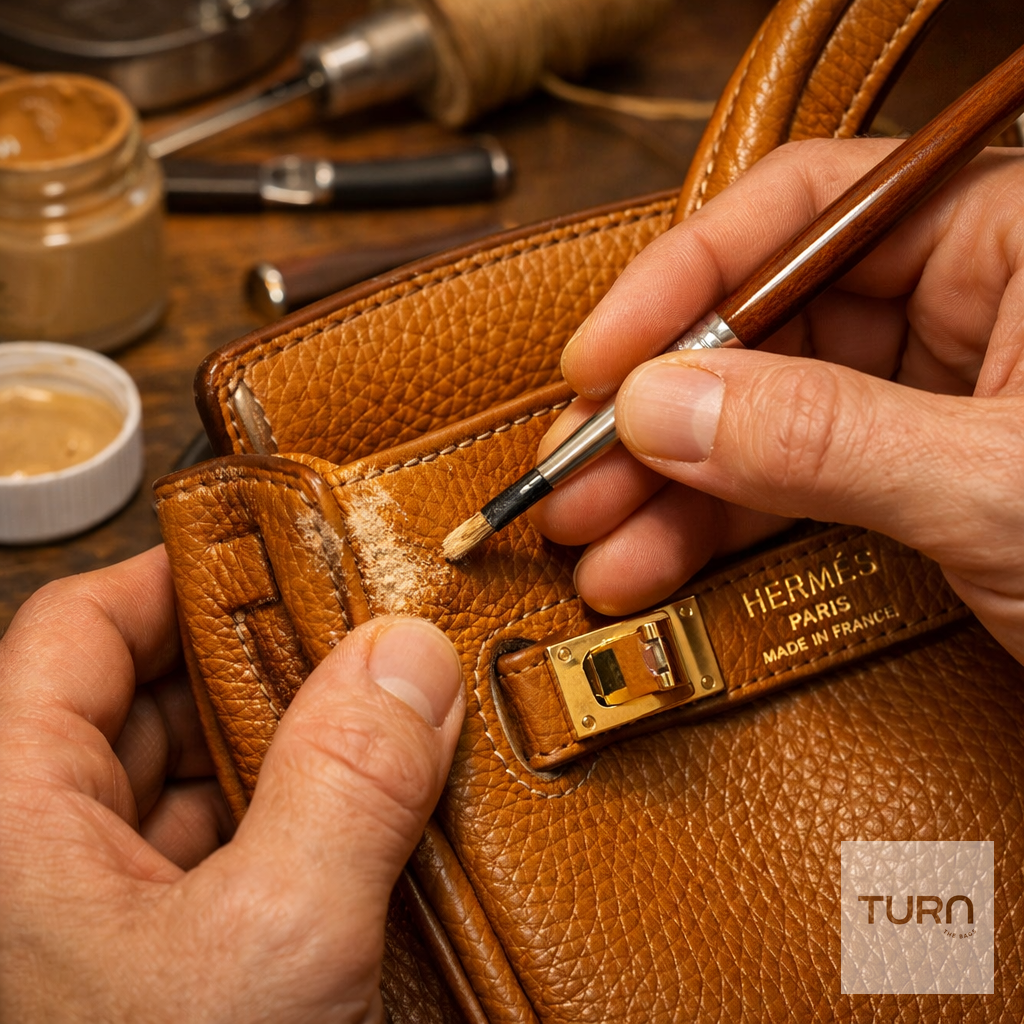 Artisan maroquinier travaillant sur la restauration d'un sac en cuir de luxe