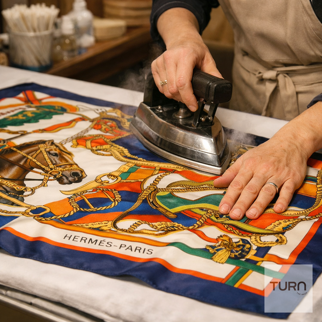 Détail d'une restauration de foulard en soie de luxe avec des motifs imprimés à la main
