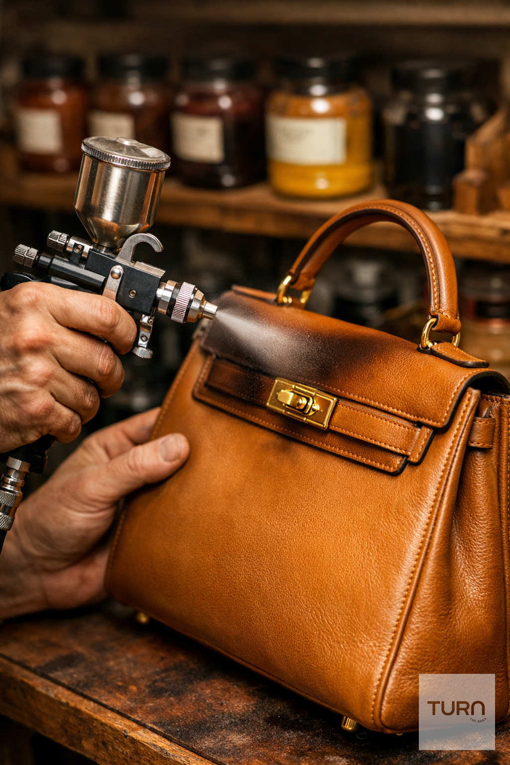 Artisan maroquinier appliquant une teinture professionnelle sur un sac en cuir de luxe